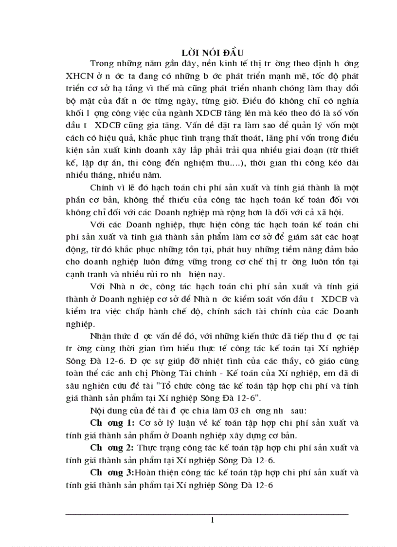 Hoàn thiện công tác kế toán tập hợp chi phí sản xuất và tính giá thành sản phẩm tại Xí nghiệp Sông Đà 12 6 1