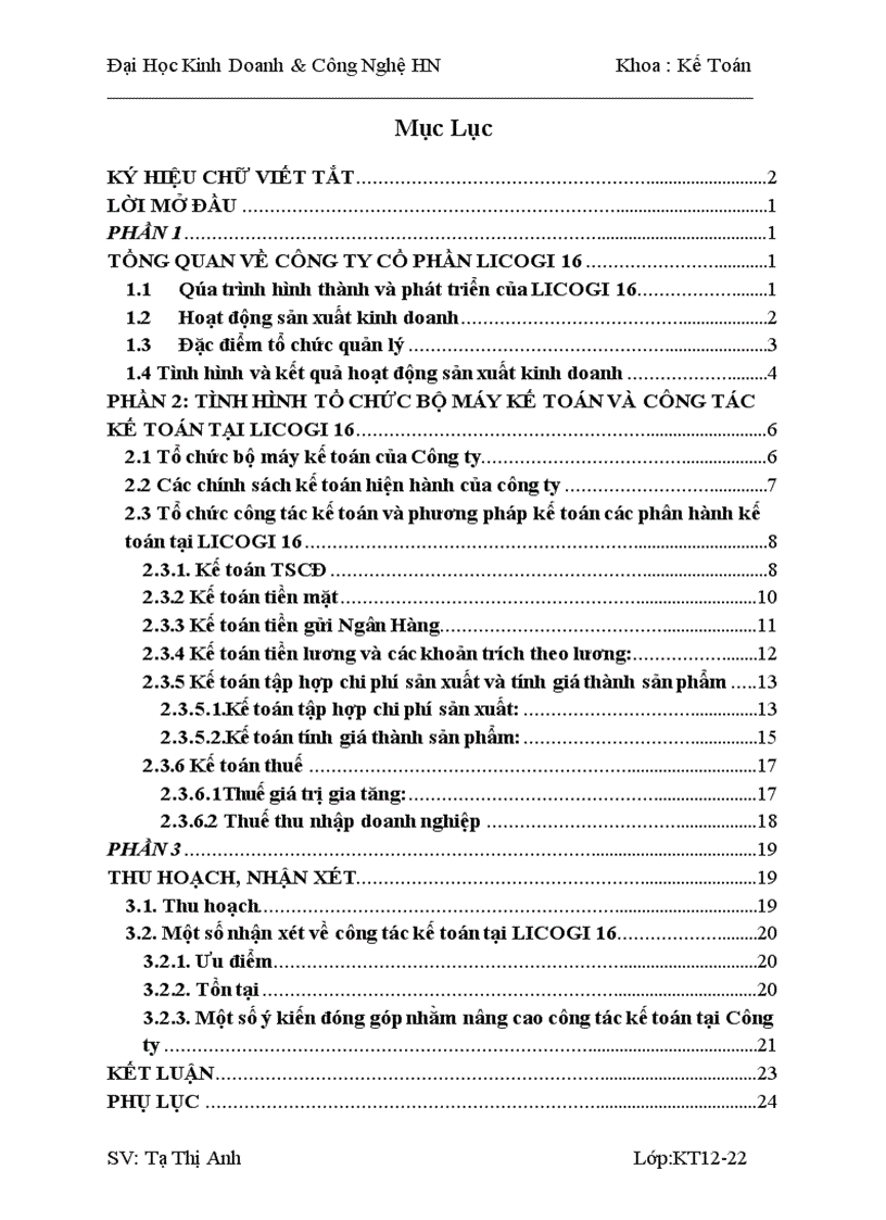 Tình hình tổ chức bộ máy kế toán và công tác kế toán tại LICOGI 16 1