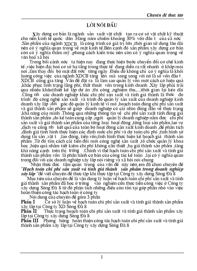 Hạch toán chi phí sản xuất và tính giá thành sản phẩm trong doanh nghiệp xây lắp tại Công ty xây dựng Sông Đà 8 1