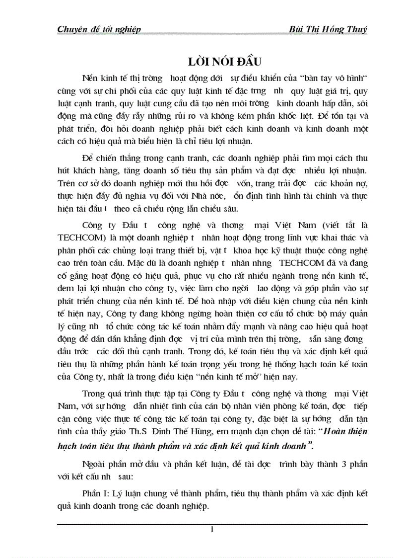 Hoàn thiện hạch toán tiêu thụ thành phẩm và xác định kết quả kinh doanh của Công ty Đầu tư công nghệ và thương mại Việt Nam 1