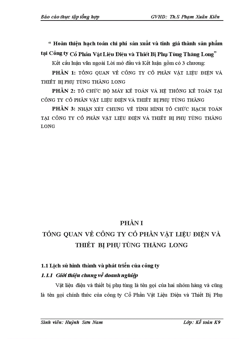 Hoàn thiện hạch toán chi phí sản xuất và tinh giá thành sản phẩm tại Cụng ty Cổ Phần Vật Liệu Điện và Thiết Bị Phụ Tùng Thăng Long