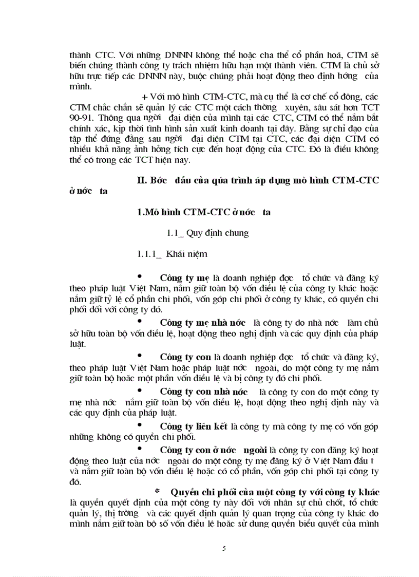 Mô hình công ty mẹ công ty con CTM CTC Bước đầu của quá trình áp dụng mô hình công ty mẹ công ty con ở nước ta