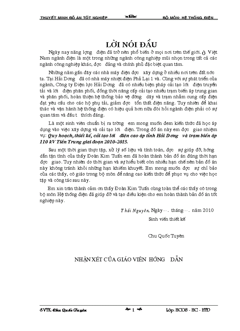 Quy hoạch thiết kế cải tạo lưới điện cao áp tỉnh Hải Dương và trạm biến áp 110 kV Tiền Trung giai đoạn 2010 2015