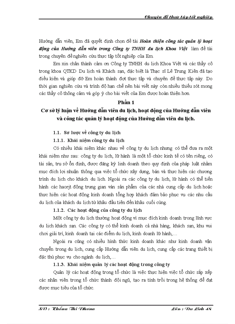 Hoàn thiện công tác quản lý hoạt động của Hướng dẫn viên trong Công ty TNHH du lịch Khoa Việt
