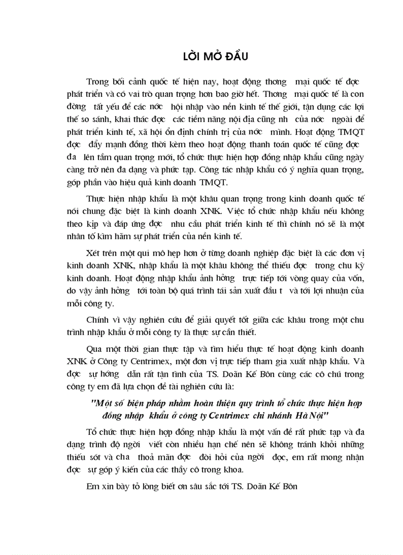Một số biện pháp nhằm hoàn thiện quy trình tổ chức thực hiện hợp đồng nhập khẩu ở công ty Centrimex chi nhánh Hà Nội 1