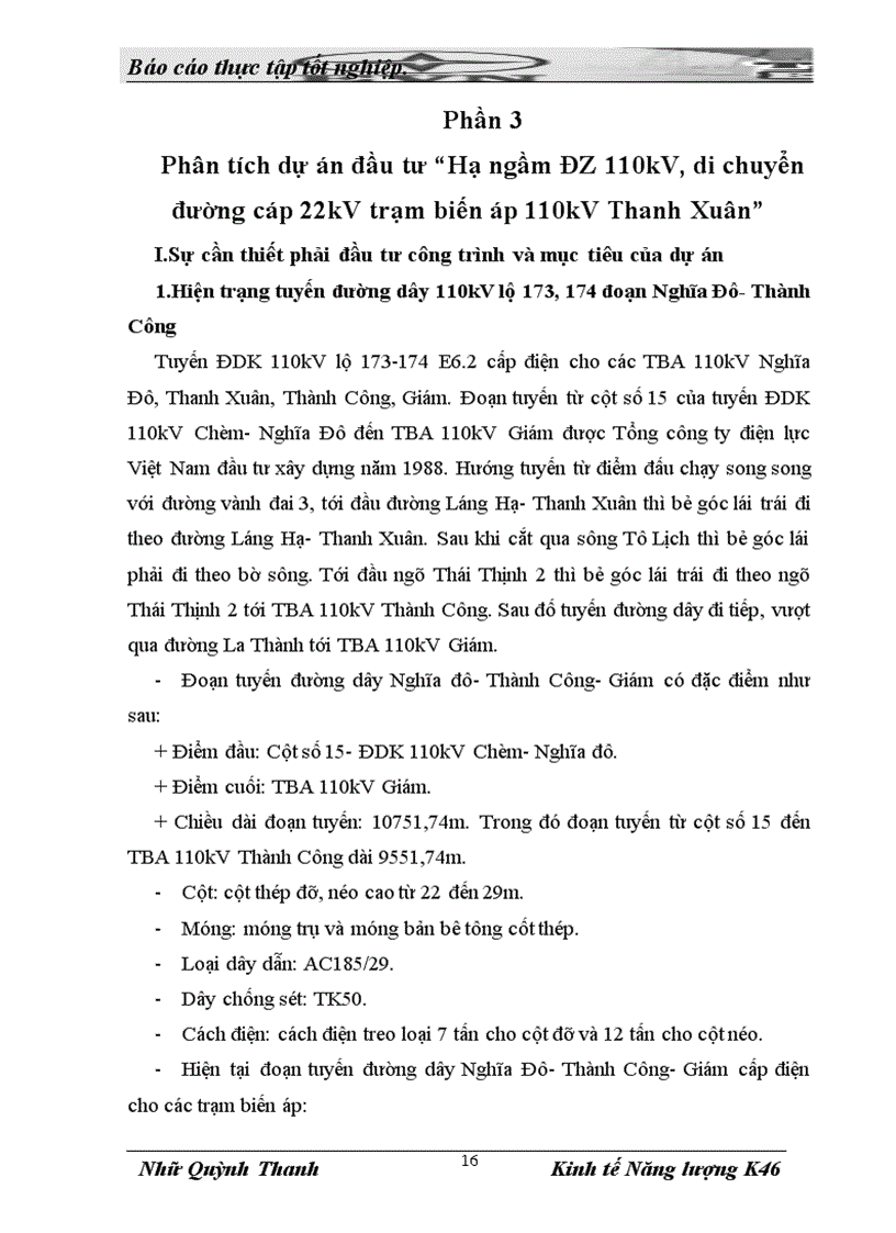 image for page Phân tích dự án đầu tư Hạ ngầm tuyến đường dây 110kV di chuyển đường cáp 22kV TBA 110kV Thanh Xuân