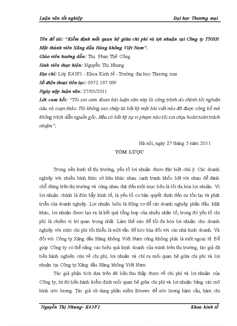 image for page Kiểm định mối quan hệ chi phí và lợi nhuận tại công ty TNHH Một thành viên Xăng dầu Hàng không Việt Nam