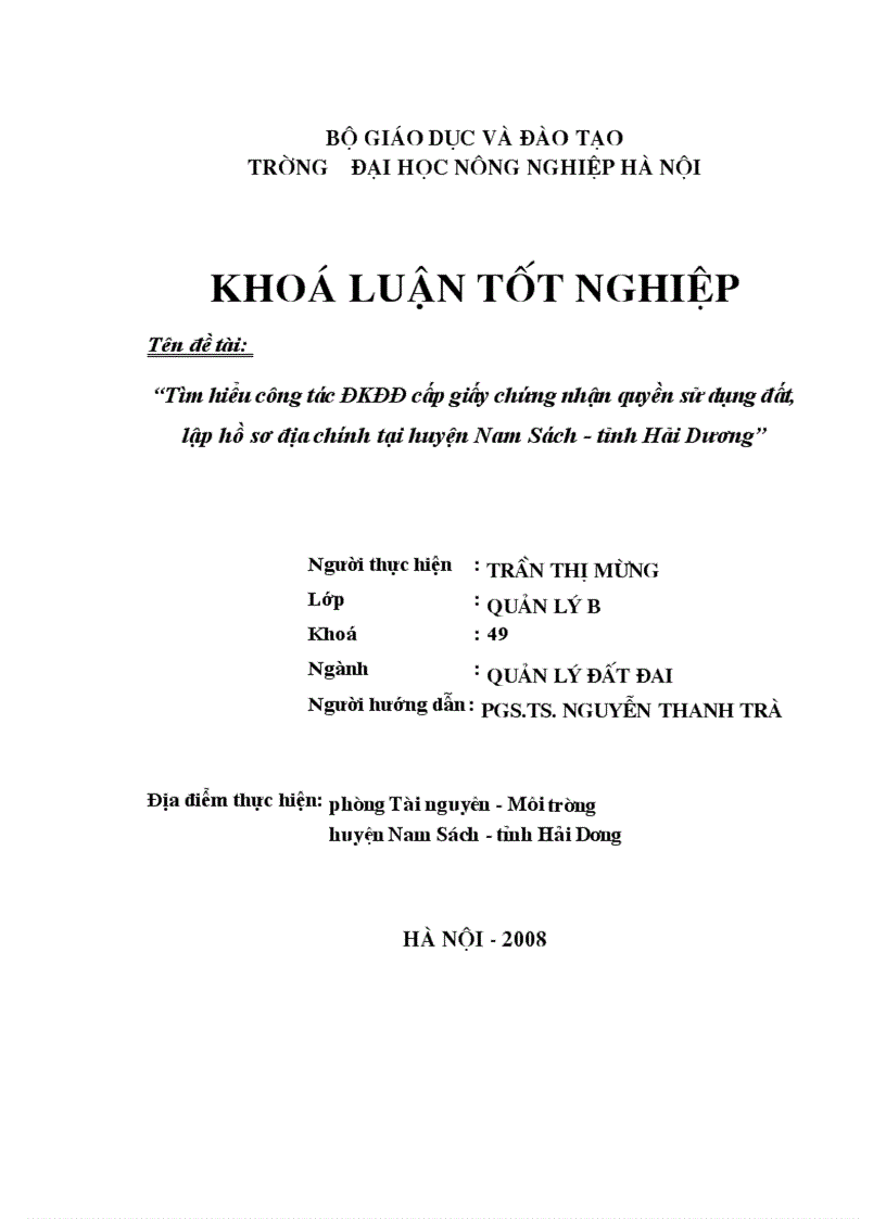 image for page Tìm hiểu công tác ĐKĐĐ cấp giấy chứng nhận quyền sử dụng đất lập hồ sơ địa chính tại huyện Nam Sách tỉnh Hải Dương