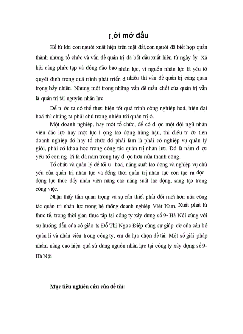 Một số giải pháp nhằm nâng cao hiệu quả sử dụng nguồn nhân lực tại công ty xây dựng số 9 Hà Nội 1