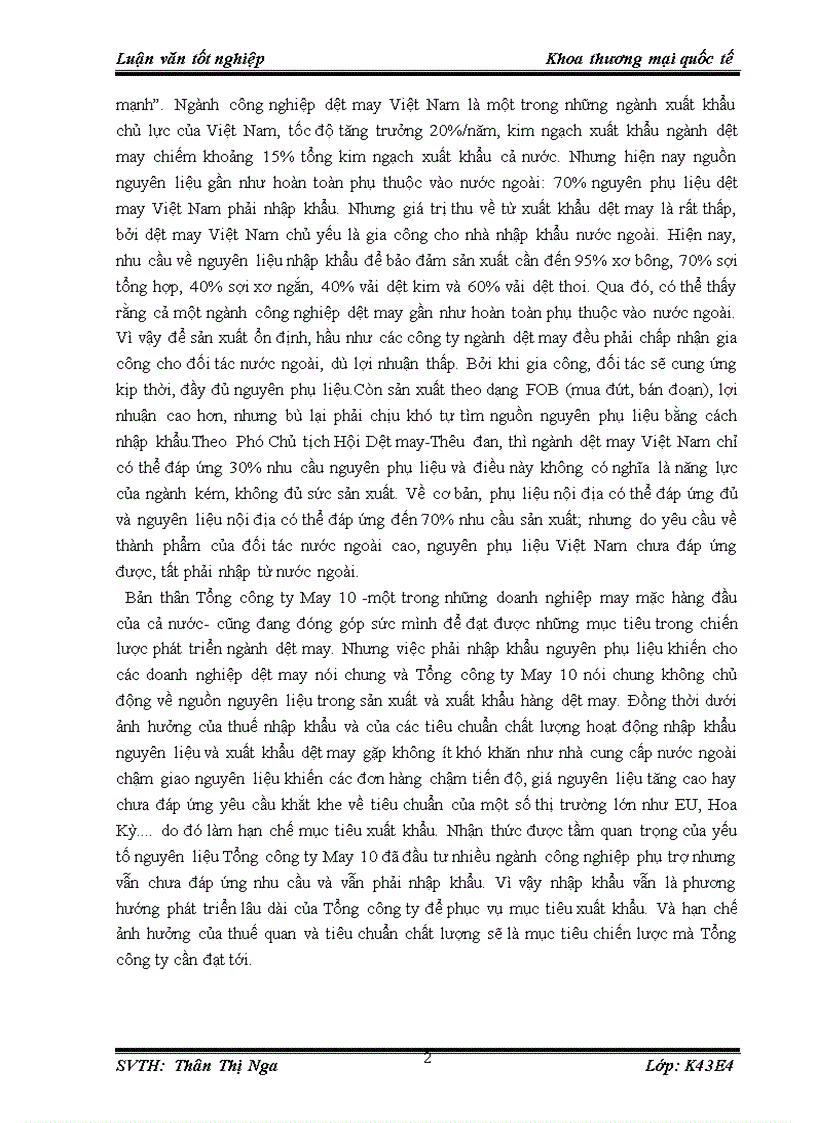 Giải pháp hạn chế ảnh hưởng của thay đổi thuế quan và tiêu chuẩn chất lượng hàng nhập đối với nhập khẩu nguyên liệu của Tổng công ty May 10 1