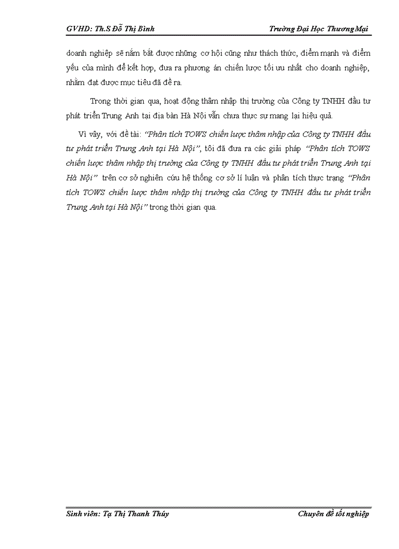 image for page Phân tích TOWS chiến lược thâm nhập thị trường của Công ty TNHH đầu tư phát triển Trung Anh tại Hà Nội 1
