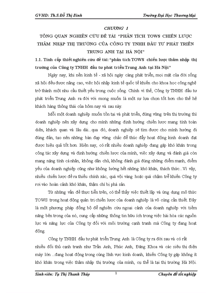 image for page Phân tích TOWS chiến lược thâm nhập thị trường của Công ty TNHH đầu tư phát triển Trung Anh tại Hà Nội 1