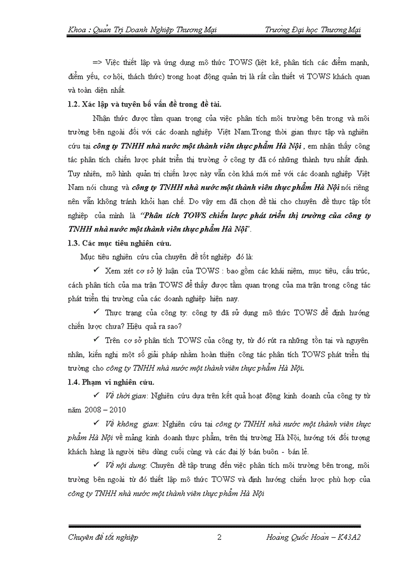 image for page Phân tích TOWS chiến lược phát triển thị trường của công ty TNHH nhà nước một thành viên thực phẩm Hà Nội