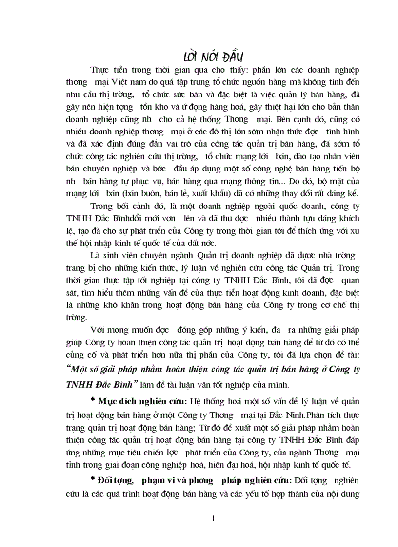 Một số giải pháp nhằm hoàn thiện công tác quản trị bán hàng ở Công ty TNHH Đắc Bình