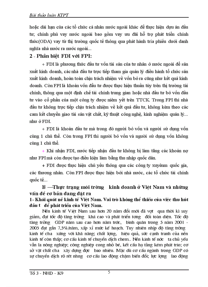 Đầu tư gián tiếp nước ngoài Phân biệt FDI và FPI Thực trạng môi trường đầu tư ở nước ta và những vấn đề cơ bản đang đặt ra Giải pháp cải thiện môi trường đầu tư ở nước ta