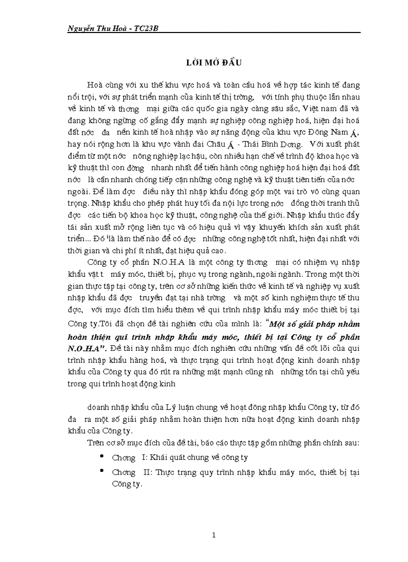 Một số giải pháp nhằm hoàn thiện qui trình nhập khẩu máy móc thiết bị tại Công ty cổ phần N O H A