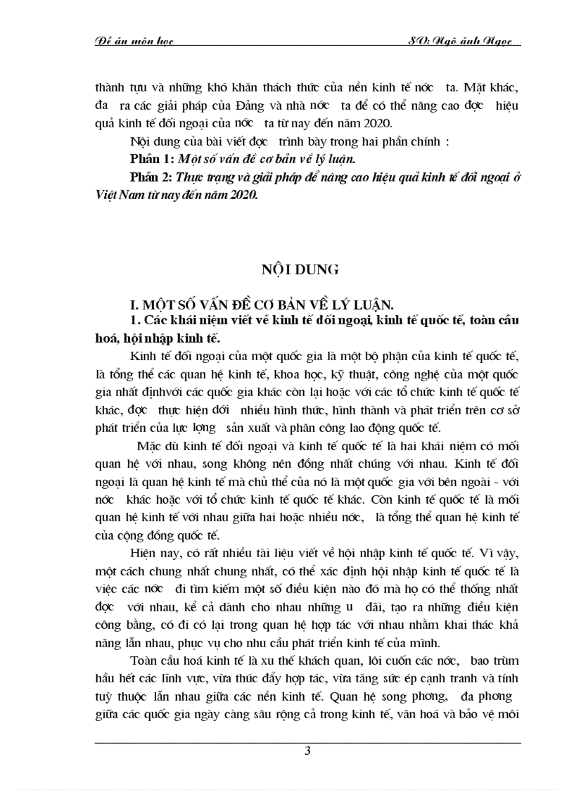 Thực trạng và giải pháp cơ bản để phát triển và nâng cao hiệu quả kinh tế đối ngoại ở việt nam từ nay đến 2020