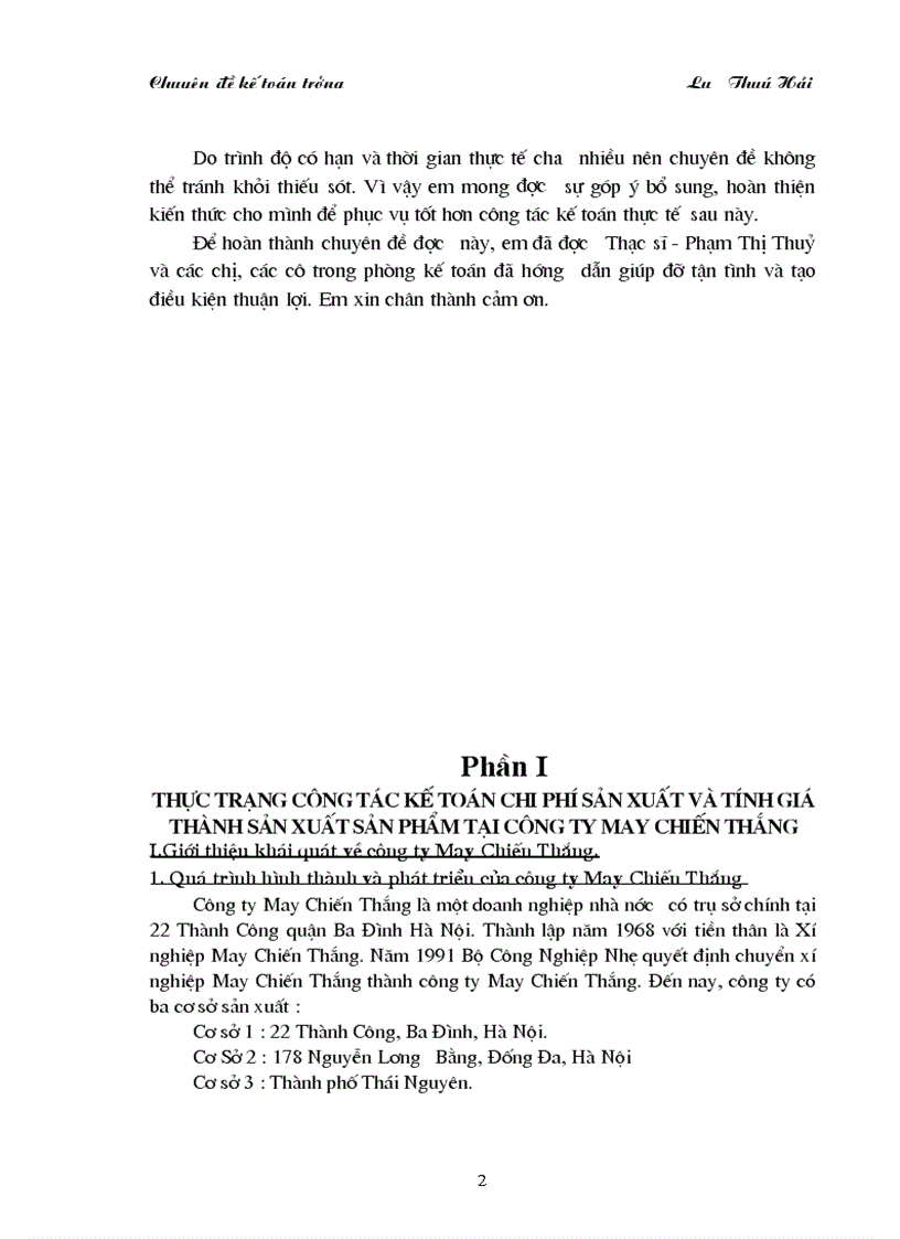 Thực trạng công tác kế toán chi phí sản xuất và tính giá thành sản xuất sản phẩm tại công ty May Chiến Thắng 1