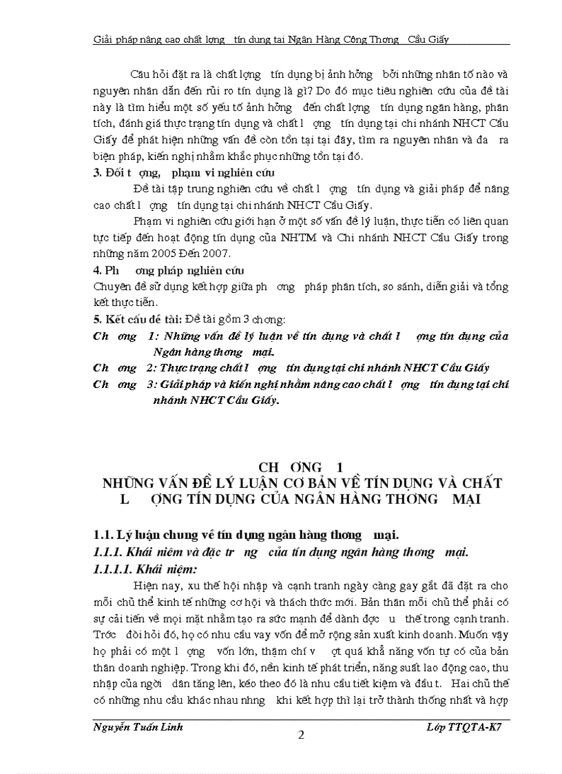 Giải pháp nâng cao chất lươợng tín dụng tại chi nhánh ngân hàng công thương Cầu giấy