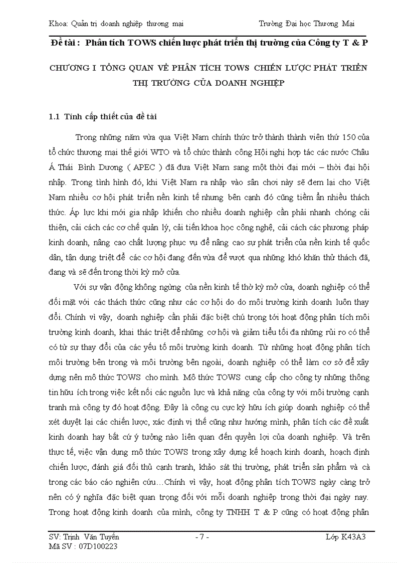 image for page Phân tích TOWS chiến lược phát triển thị trường của Công ty T P