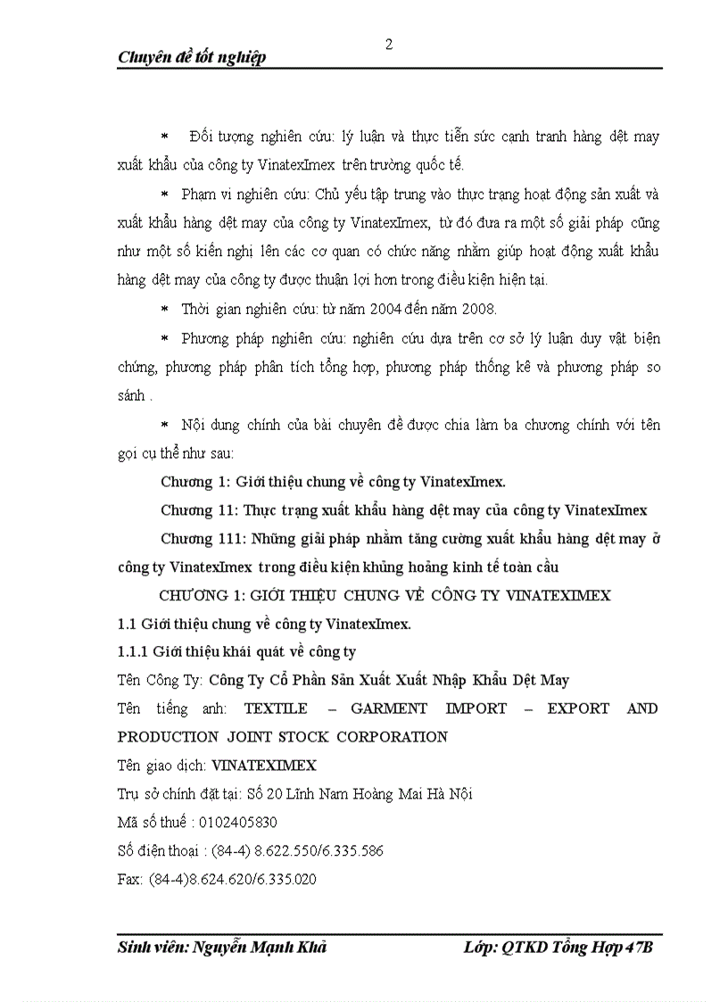 Tăng cường xuất khẩu hàng dệt may ở công ty VinatexImex trong điều kiện khủng hoảng kinh tế toàn cầu 1