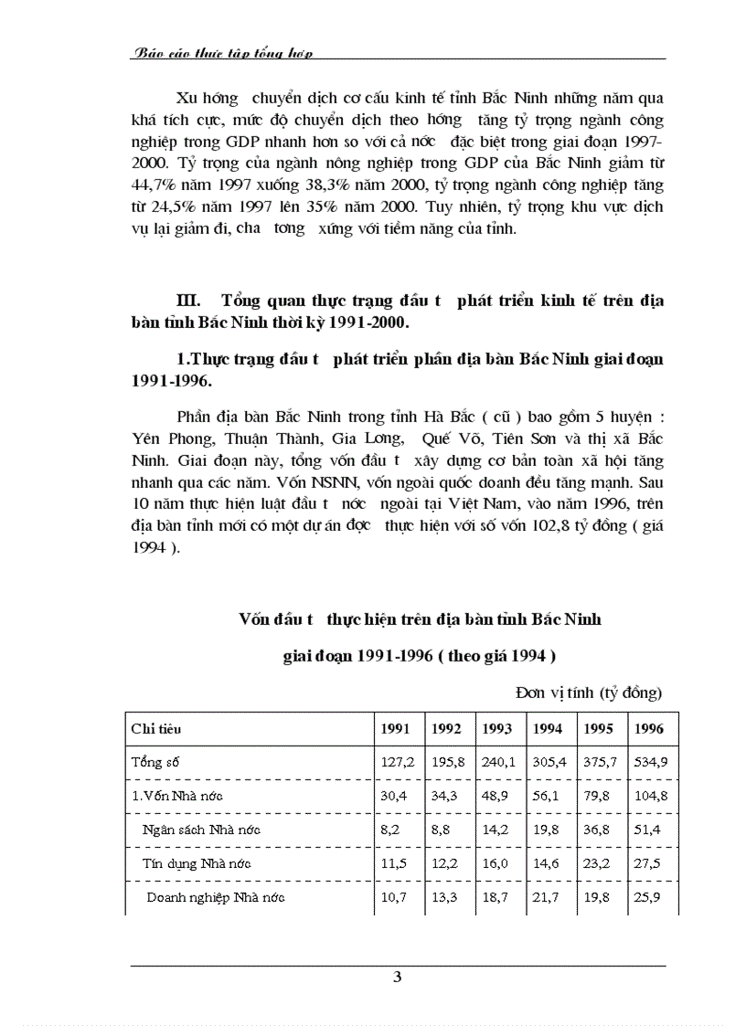 Tổng quan thực trạng đầu tư phát triển kinh tế trên địa bàn tỉnh Bắc Ninh thời kỳ 1991 2000
