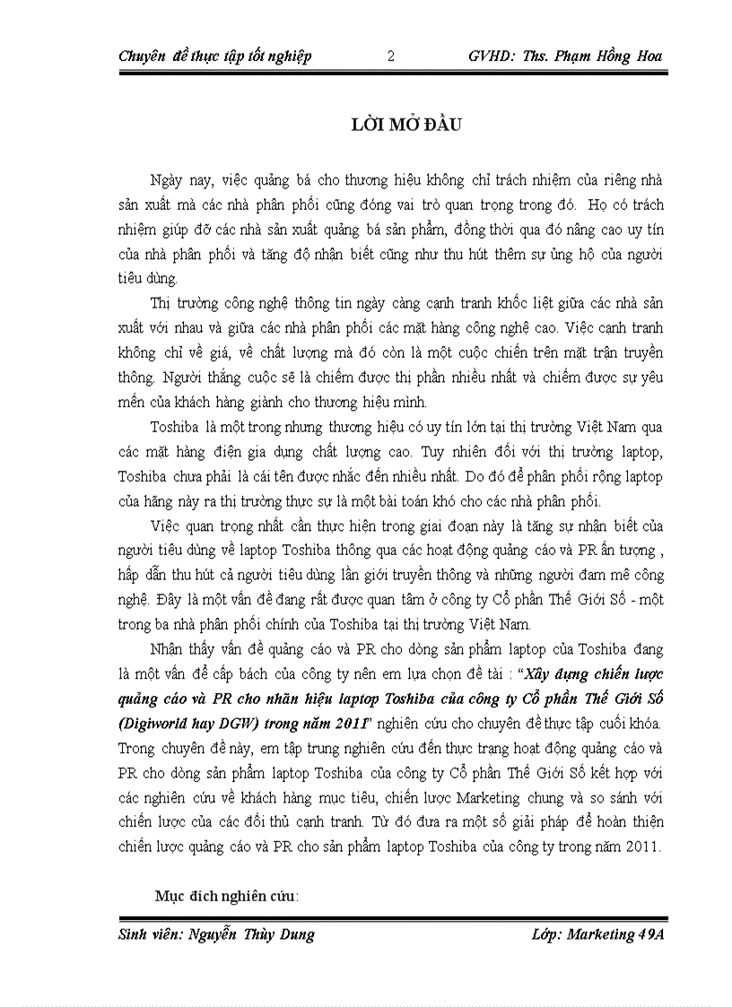 Xây dựng chiến lược quảng cáo và PR cho nhãn hiệu laptop Toshiba của công ty Cổ phần Thế Giới Số DG World trong năm 201