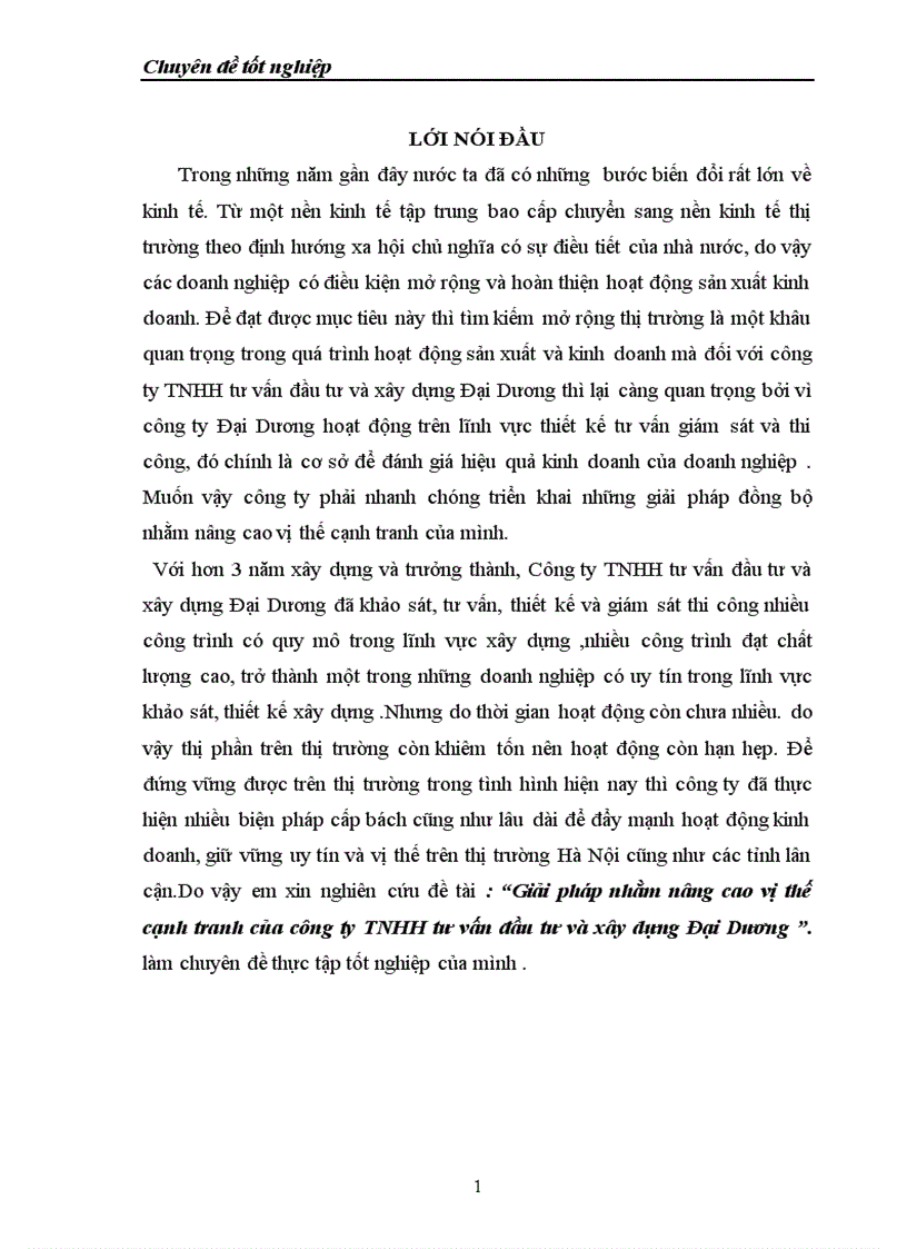 Giải pháp nhằm nâng cao vị thế cạnh tranh của công ty TNHH tư vấn đầu tư và xây dựng Đại Dương