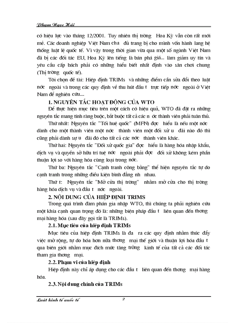 Hiệp định TRIMs và những điểm cần sửa đổi theo luật nước ngoài và trong các quy định về thu hút đầu tư trực tiếp nước ngoài ở Việt Nam 1
