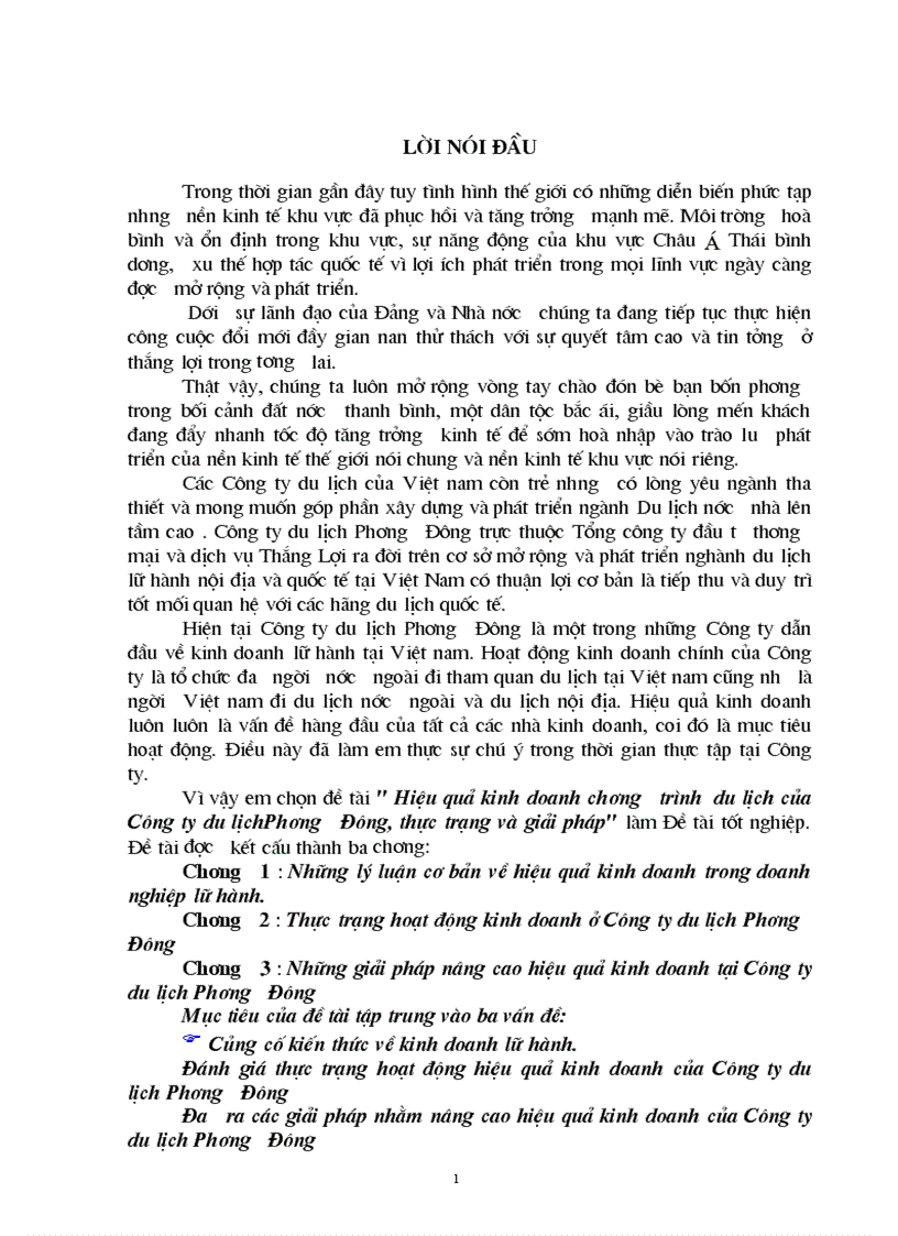 Hiệu quả kinh doanh chương trình du lịch của Công ty du lịchPhương Đông thực trạng và giải pháp