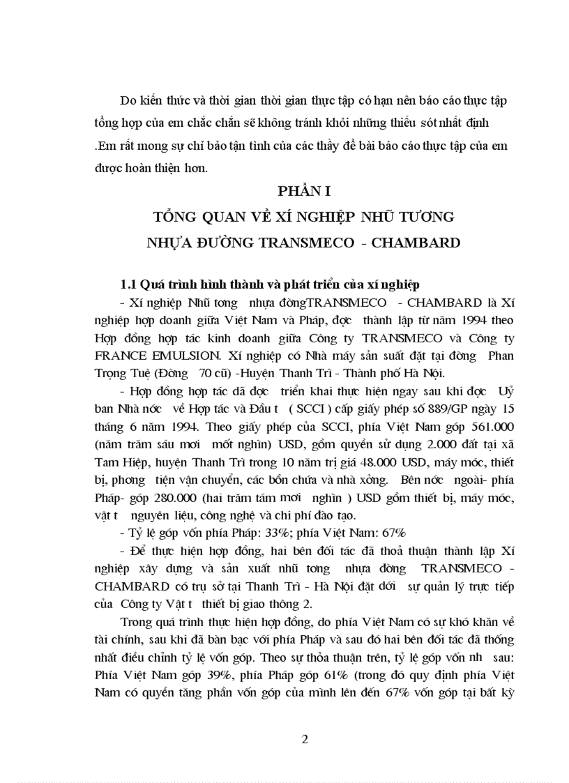 Báo cáo thực tập tại Xí nghiệp Nhũ tương nhựa đườngTRANSMECO CHAMBARD