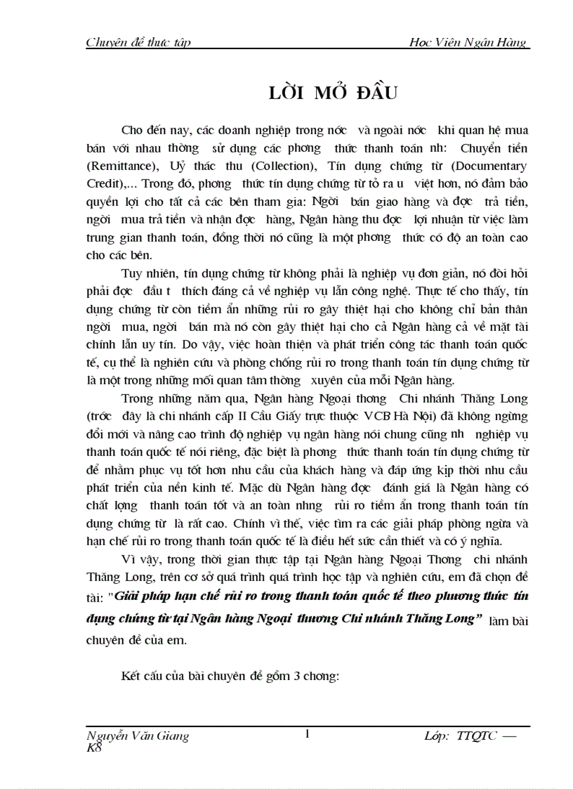 Giải pháp hạn chế rủi ro trong thanh toán quốc tế theo phương thức tín dụng chứng từ tại Ngân hàng Ngoại thương Chi nhánh Thăng L