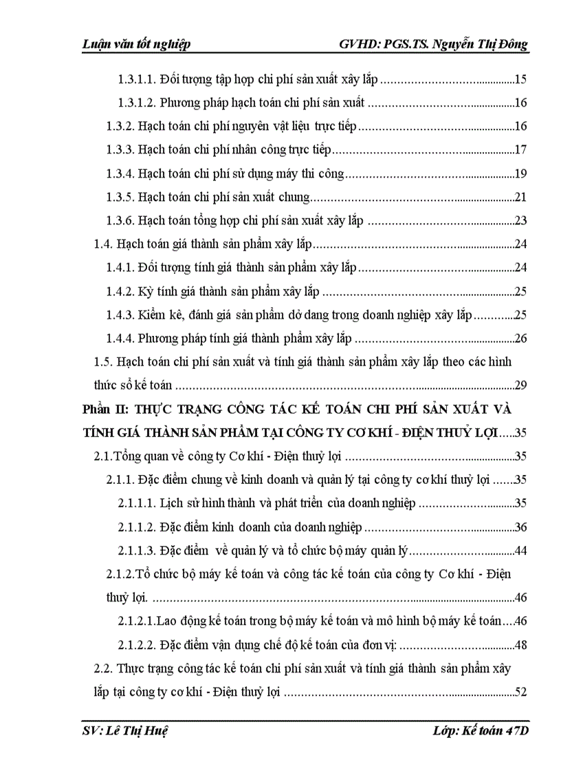 Hoàn thiện công tác kế toán chi phí sản xuất và tính giá thành sản phẩm xây lắp tại công ty Cơ khí Điện thuỷ lợi