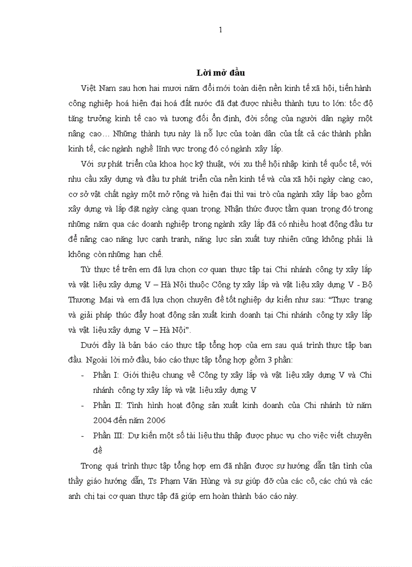 Thực trạng và giải pháp thúc đẩy hoạt động sản xuất kinh doanh tại Chi nhánh công ty xây lắp và vật liệu xây dựng V Hà Nội