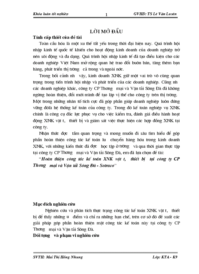 Giải pháp hoàn thiện kế toán XNK vật tư thiết bị tại công ty CP Thương mại và Vận tải Sông Đà