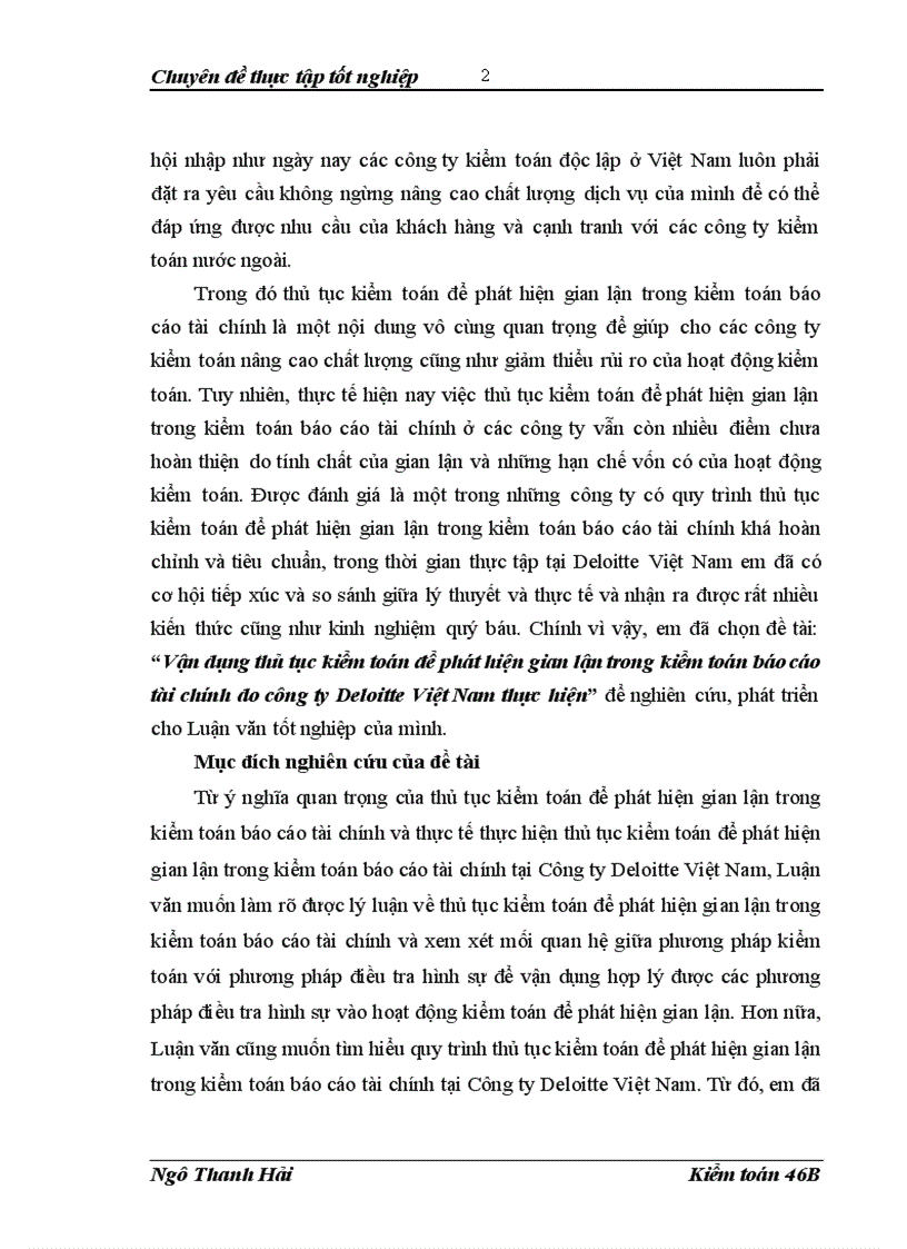 Vận dụng thủ tục kiểm toán để phát hiện gian lận trong kiểm toán báo cáo tài chính do công ty Deloitte Việt Nam thực hiện
