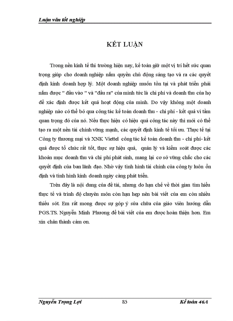image for page Hoàn thiện kế toán chi phí doanh thu và xác định kết quả kinh doanh dịch vụ tại Công ty thương mại và XNK Viettel