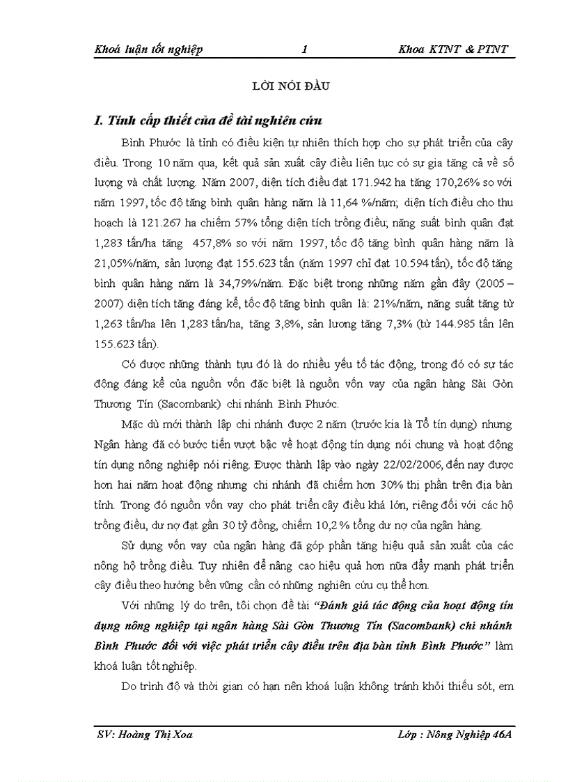 Đánh giá tác động của hoạt động tín dụng nông nghiệp tại ngân hàng Sài Gòn Thương Tín Sacombank chi nhánh Bình Phước đối với việc phát triển cây điều trên địa bàn tỉnh Bình Phước