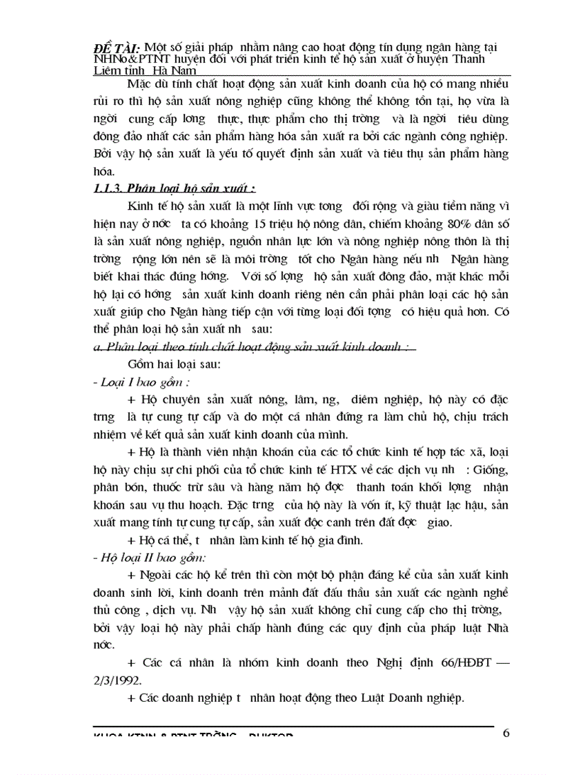 Một số giải pháp nhằm nâng cao hoạt động tín dụng ngân hàng tại NHNo PTNT huyện đối với phát triển kinh tế hộ sản xuất ở huyện Thanh Liêm tỉnh Hà Nam