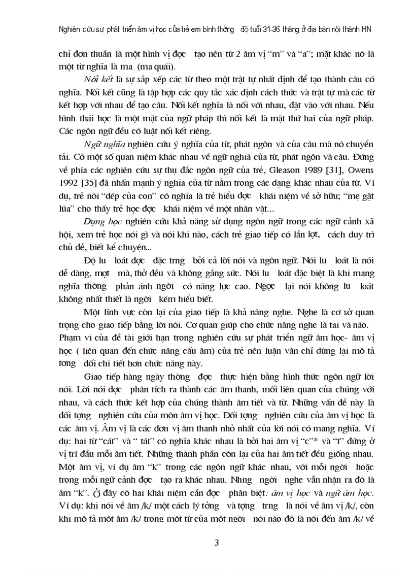 Nghiên cứu sự phát triển âm vị học của trẻ em bình thường độ tuổi 31 36 tháng ở địa bàn nội thành HN