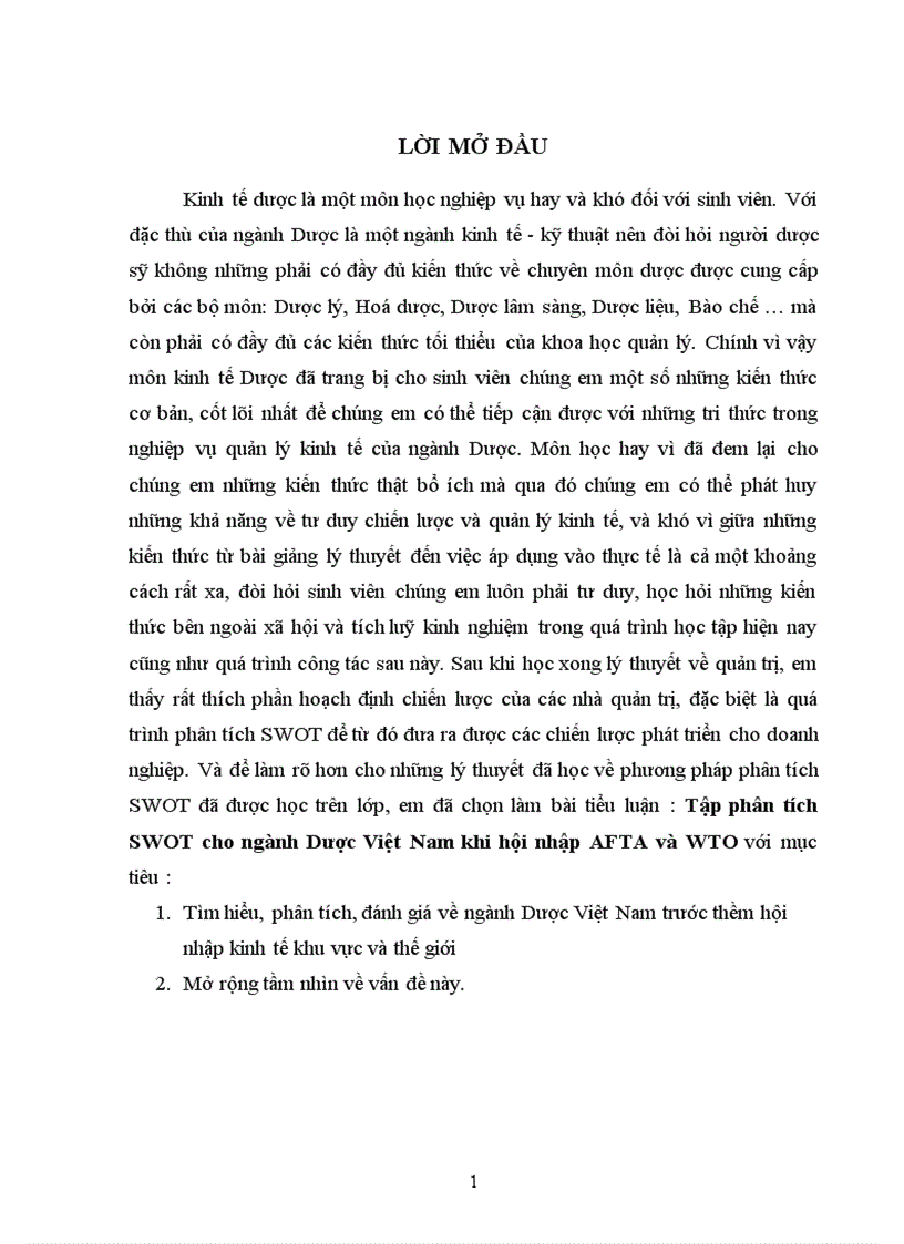image for page Tập phân tích SWOT cho ngành Dược Việt Nam khi hội nhập AFTA và WTO