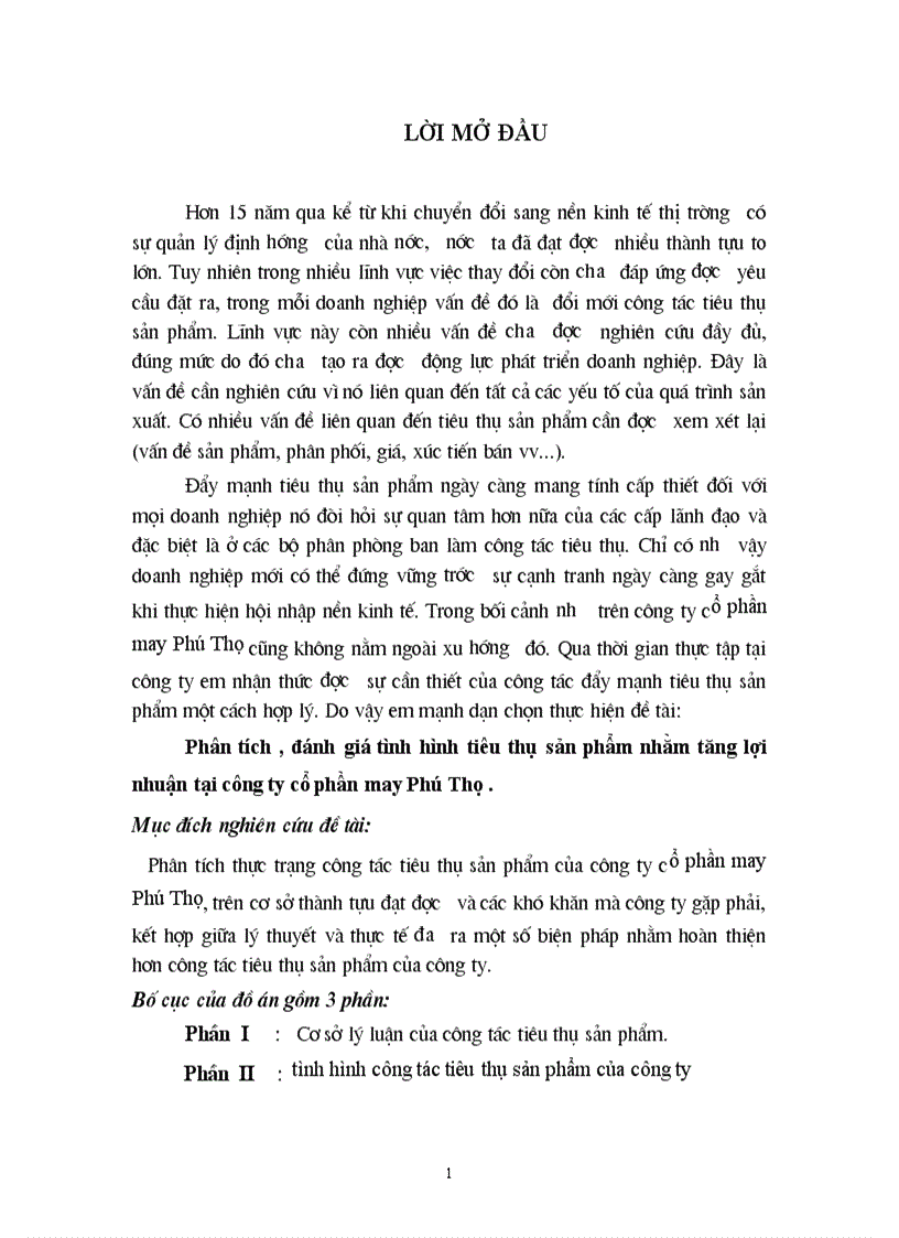 Phân tích đánh giá tình hình tiêu thụ sản phẩm nhằm tăng lợi nhuận tại công ty cổ phần may Phú Thọ
