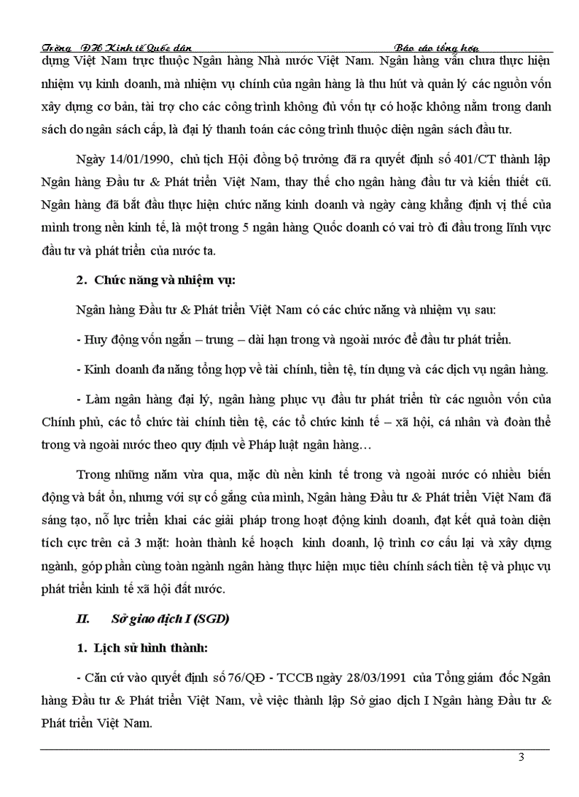 Báo cáo tổng hợp về Sở giao dịch I Ngân hàng Đầu tư Phát triển Việt Nam
