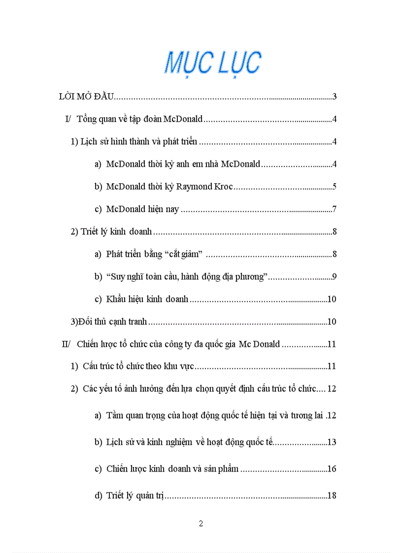 Chiến lược cấu trúc tổ chức của công ty đa quốc gia Mcdonald