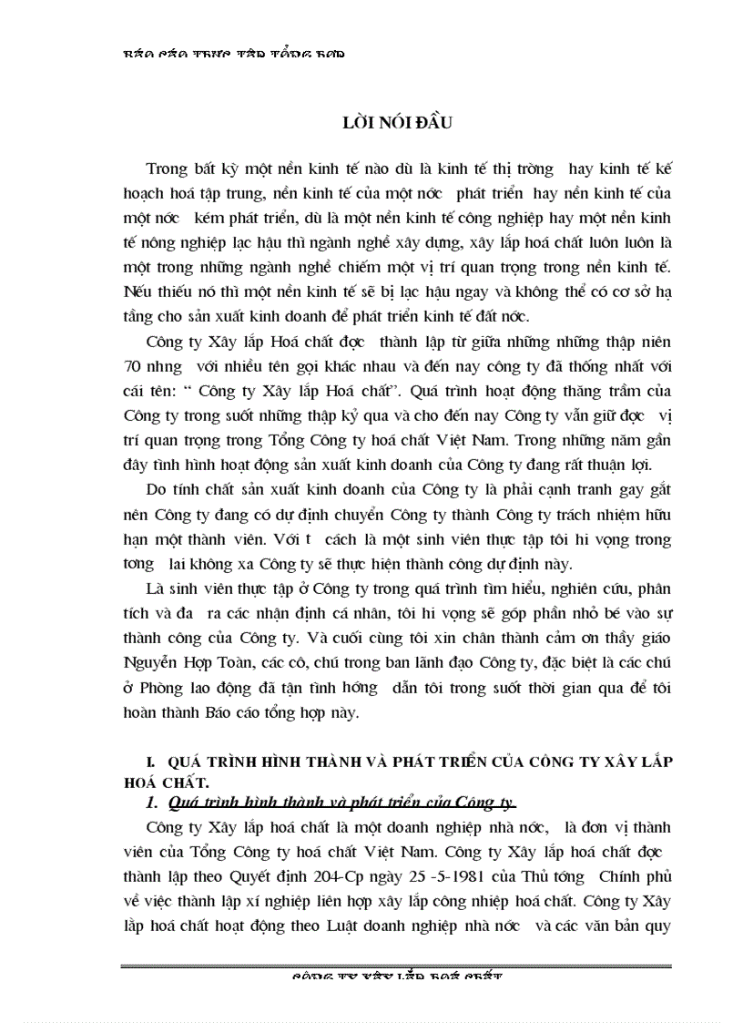 Báo cáo thực tập tổng hợp tại Công ty Xây lắp Hoá chất
