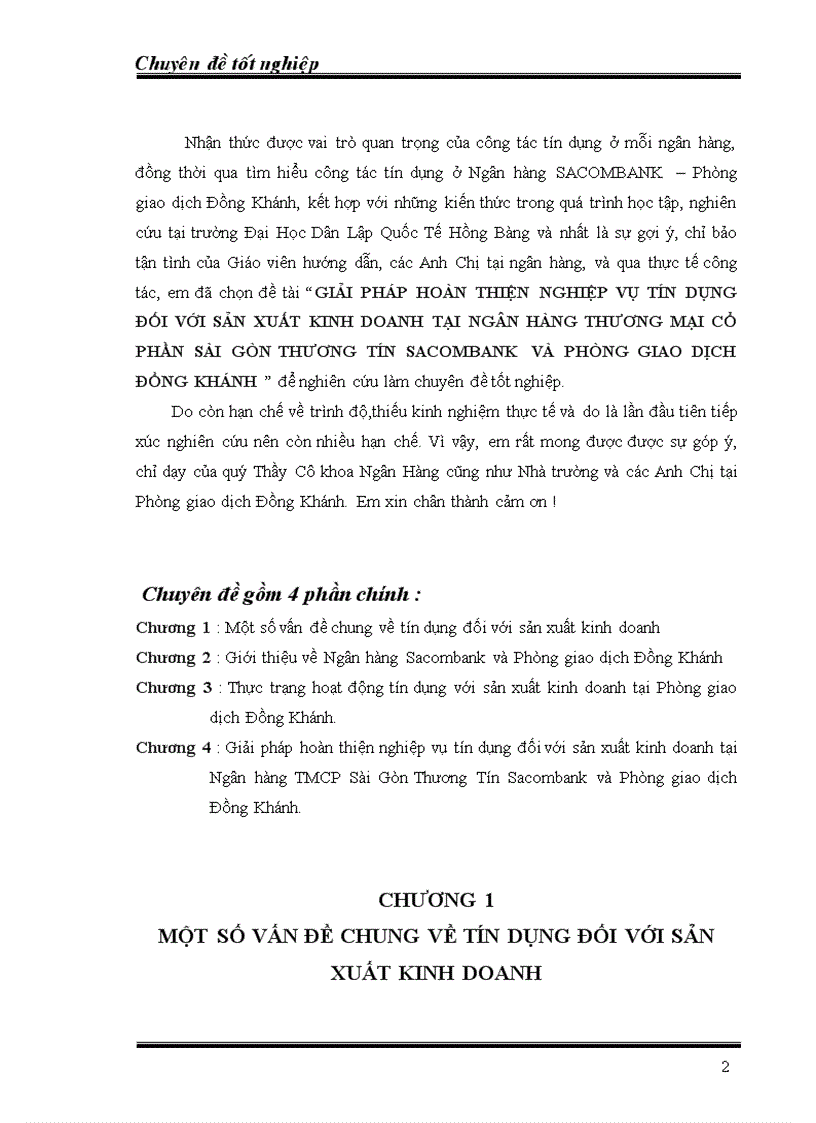 Giải pháp hoàn thiện nghiệp vụ tín dụng đối với sản xuất kinh doanh tại ngân hàng thương mại cổ phần sài gòn thương tín sacombank và phòng giao dịch đồng khánh