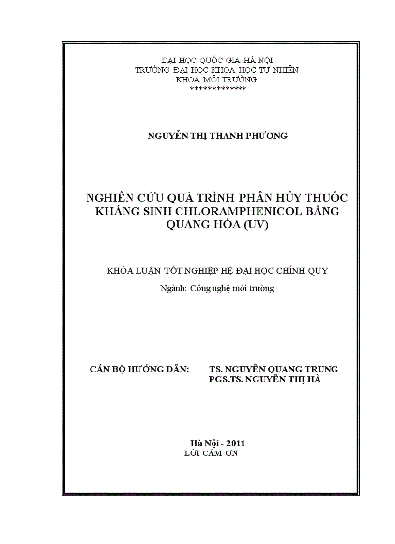 Nghiên cứu quá trình phân hủy thuốc kháng sinh Chloramphenicol bằng quang hóa UV