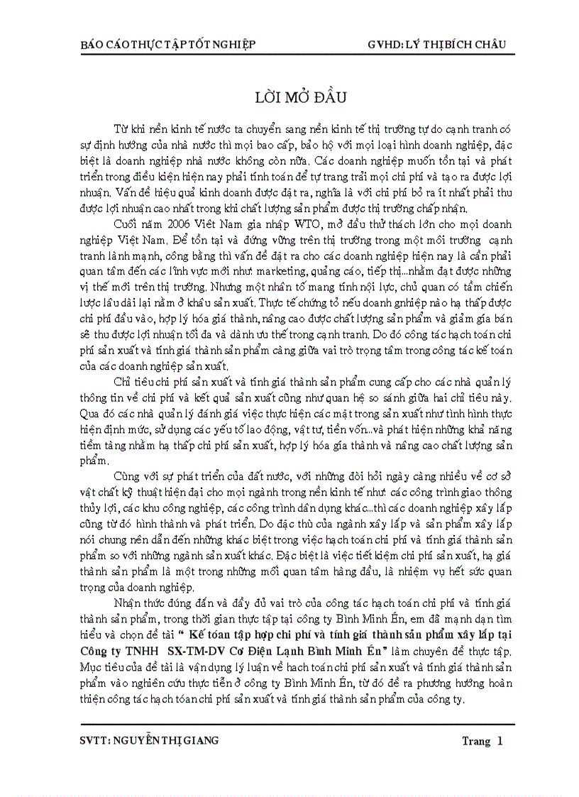 Kế tóan tập hợp chi phí và tính giá thành sản phẩm xây lắp tại Công ty TNHH SX TM DV Cơ Điện Lạnh Bình Minh Én 1