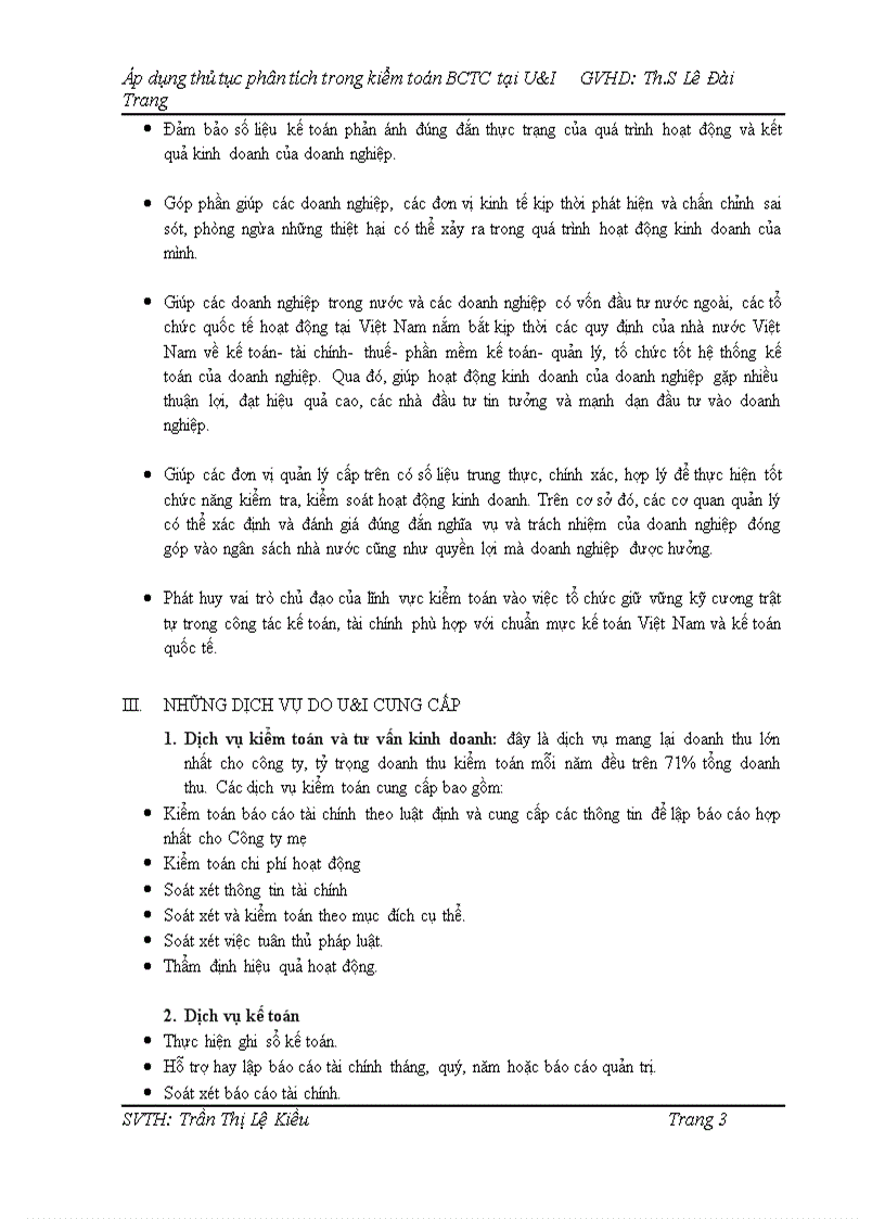 Áp dụng thủ thuật phân tích trong kiểm toán BCTC tại U I