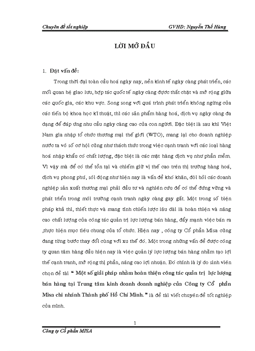 Một số giải pháp nhằm hoàn thiện công tác quản trị lực lượng bán hàng tại Trung tâm kinh doanh doanh nghiệp của Công ty Cổ phần Misa chi nhánh Thành phố Hồ Chí Minh